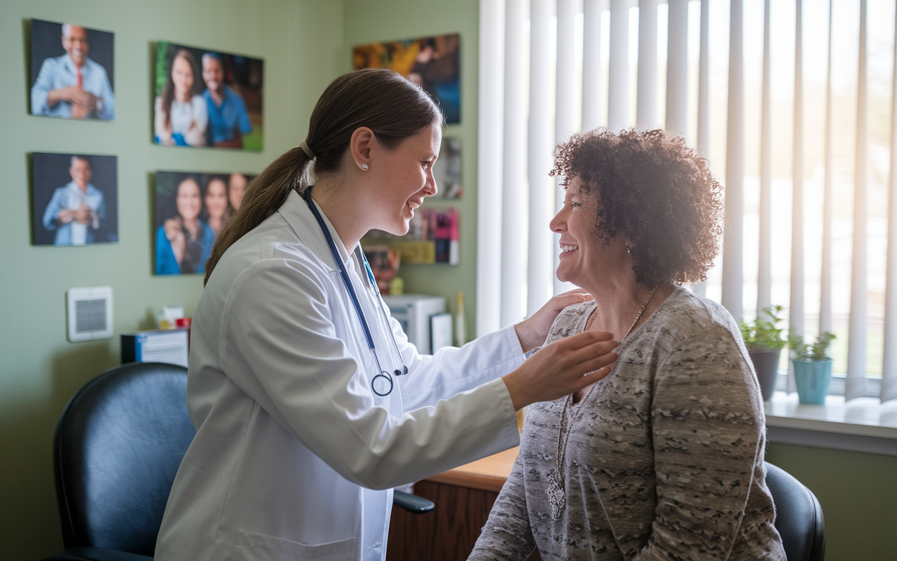 A medical student conducting a routine health check-up for a middle-aged woman in a cozy family practice office. The office is equipped with community health resources and has family photos on the wall, creating an inviting atmosphere. The student is attentively listening to the patient, illustrating a genuine doctor-patient relationship, enhanced by soft, natural light coming through the window.