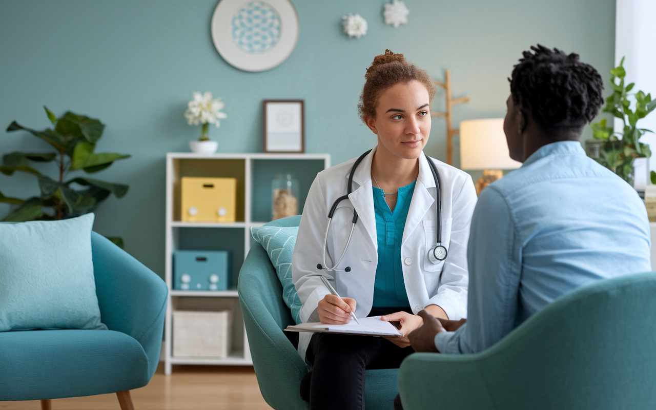 A serene, softly lit therapist's office where a medical student listens intently to a patient sitting across from them. The room is filled with calming colors and therapeutic elements, symbolizing a safe space for discussions. The student shows empathy while taking notes, capturing the importance of mental health communication in patient care.