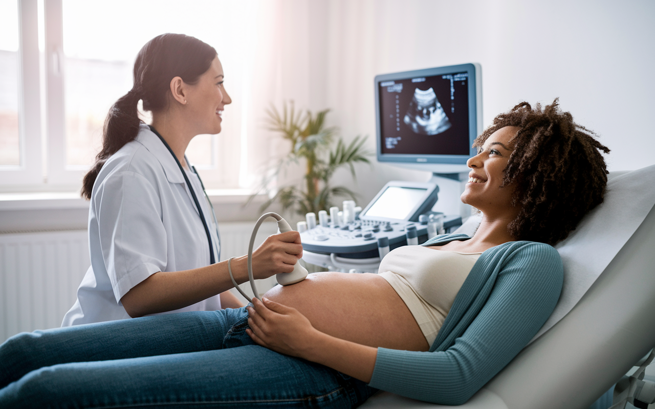 An OBGYN student performing an ultrasound on a pregnant woman in a bright and modern clinic. The student is explaining the procedure while pointing at the ultrasound screen, and the expectant mother has a look of joy and anticipation. The room is filled with soft, natural light, creating an atmosphere of warmth and support.