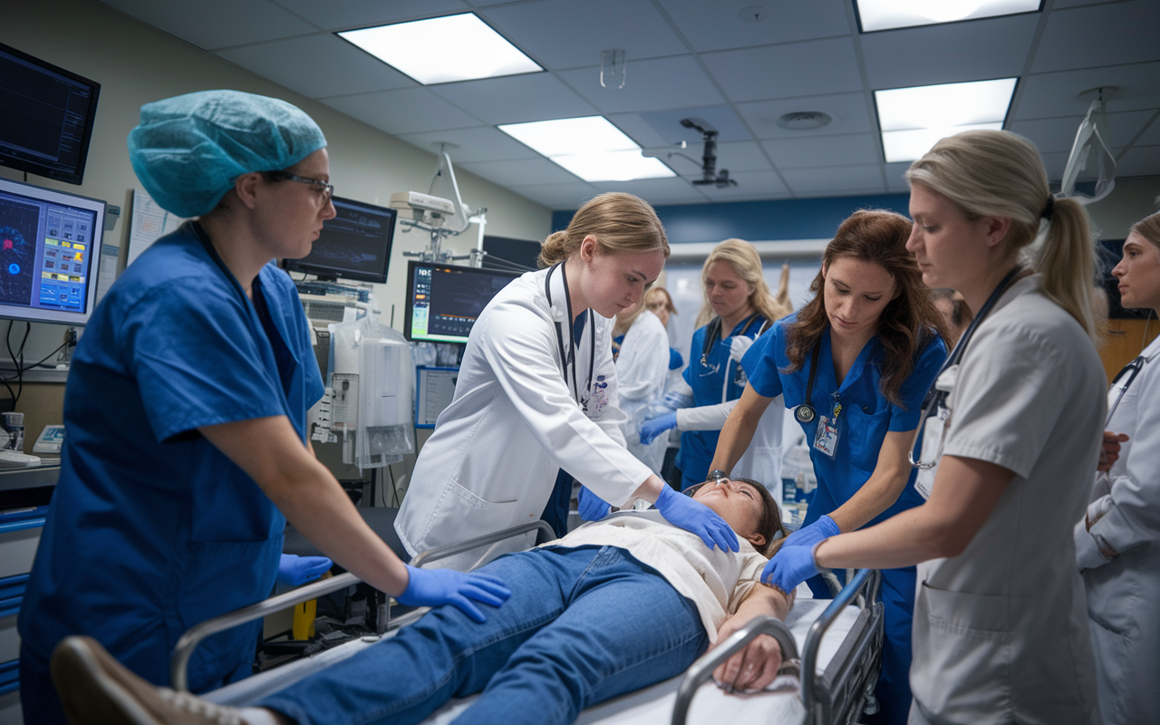 An emergency room scene filled with urgency and action: a medical student assisting a team of healthcare providers in attending to a trauma patient on a gurney. The room is bustling, with monitors beeping and medical staff focused on their tasks under bright, clinical lighting. The student's determination is evident as they help in a life-saving scenario, showcasing the high-pressure nature of emergency medicine.