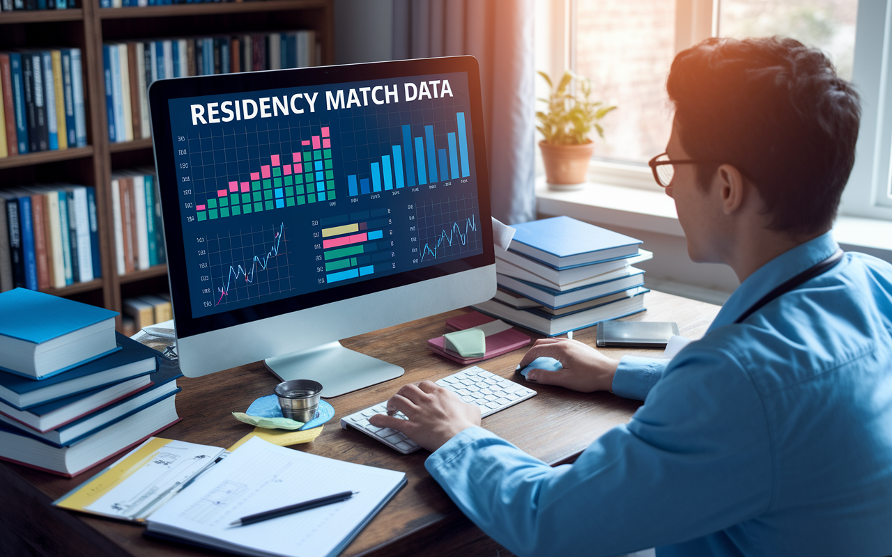A detailed visual representation of a medical student at a computer, analyzing residency match data on a screen with graphs and charts depicting statistics. The room is filled with medical textbooks, and around the desk, various clinical notes are scattered. A warm light filters through the window, creating a cozy yet focused study environment, emphasizing the importance of strategic planning in medical training.