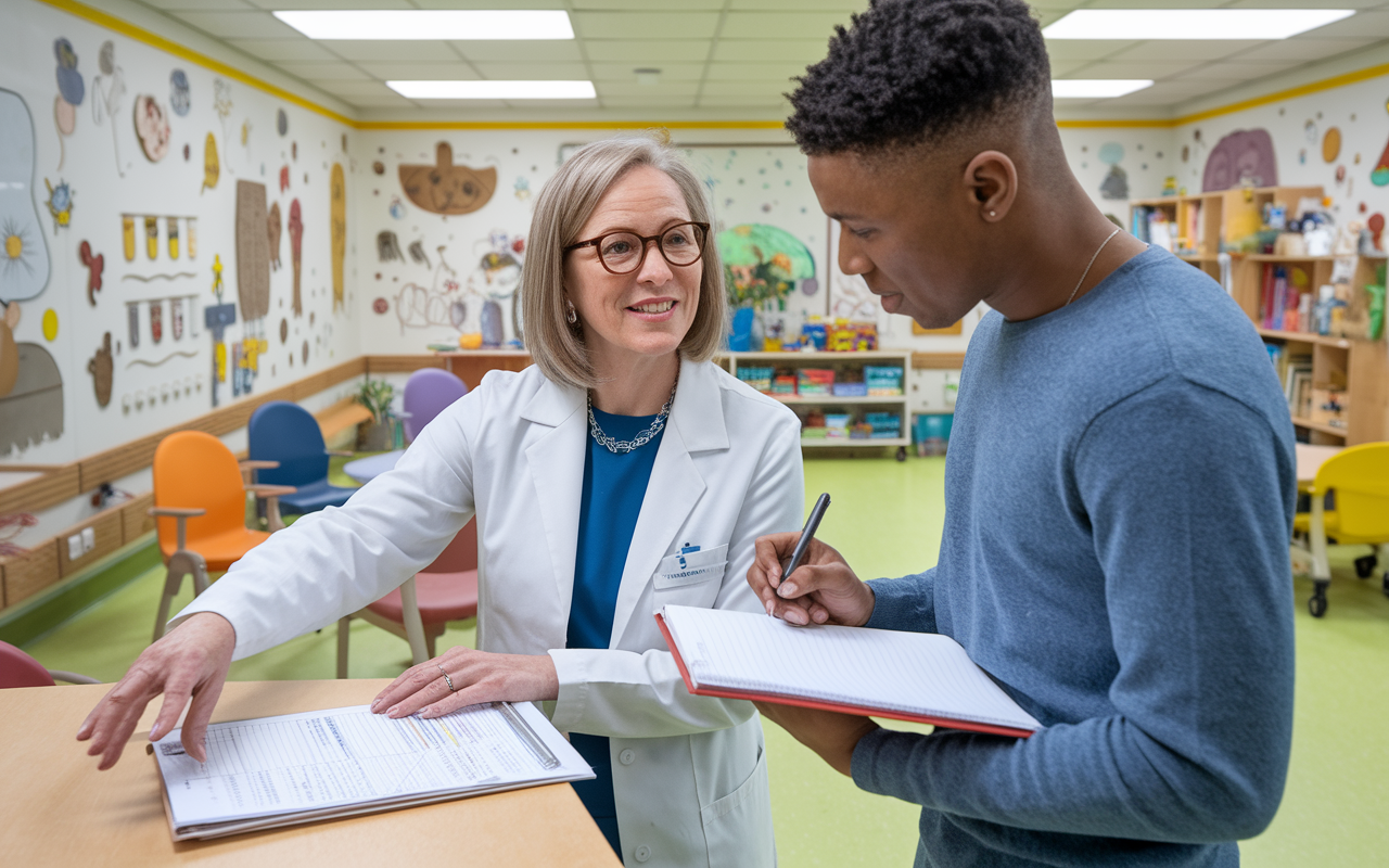 An inspiring scene of a passionate pediatrician mentoring a medical student in a colorful pediatric ward filled with toys and drawings. The pediatrician, a middle-aged woman with glasses, points to a patient chart while discussing clinical concepts. The young student, depicted as a young man taking notes eagerly, reflects curiosity and determination. The atmosphere is warm and inviting, symbolizing the importance of mentorship in medical education.