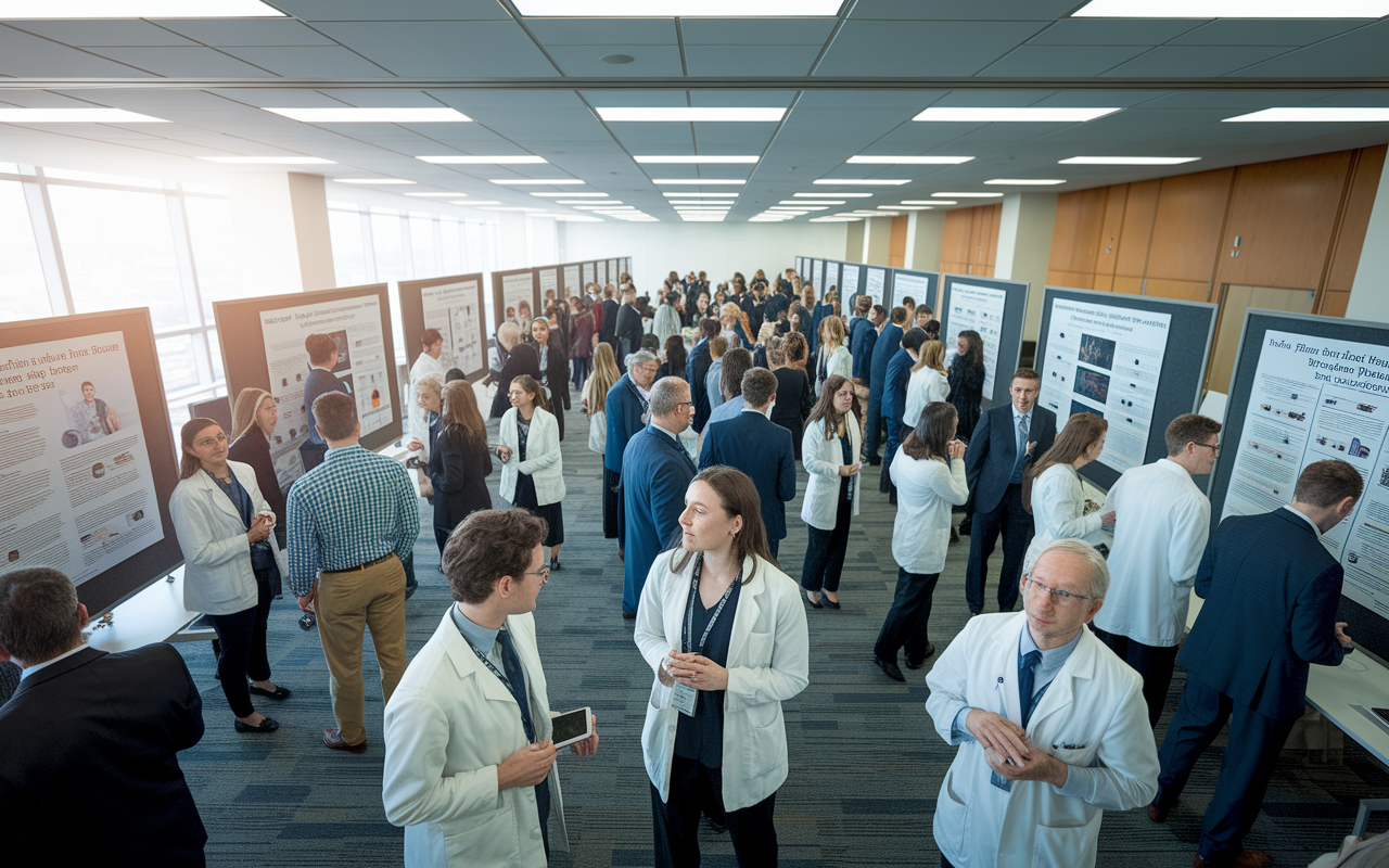 A dynamic conference room scene where medical students engage with faculty and alumni during a networking event. Attendees are discussing various specialties, with posters showcasing research projects on the walls. The room is brightly lit, filled with enthusiasm as students approach mentors, creating an environment of collaboration and opportunity. This visual conveys the essence of networking in the medical field.