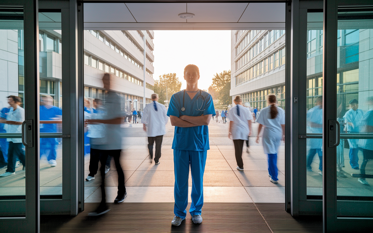 A hopeful medical student stands at the entrance of a busy hospital, symbolizing the journey through a medical career. The scene captures the student, focused and dressed in scrubs, surrounded by healthcare professionals bustling in various directions, indicating the dynamic environment of clinical rotations. The setting sun casts a golden glow, creating an inspiring atmosphere of opportunity and dedication amid the challenges of medical training.