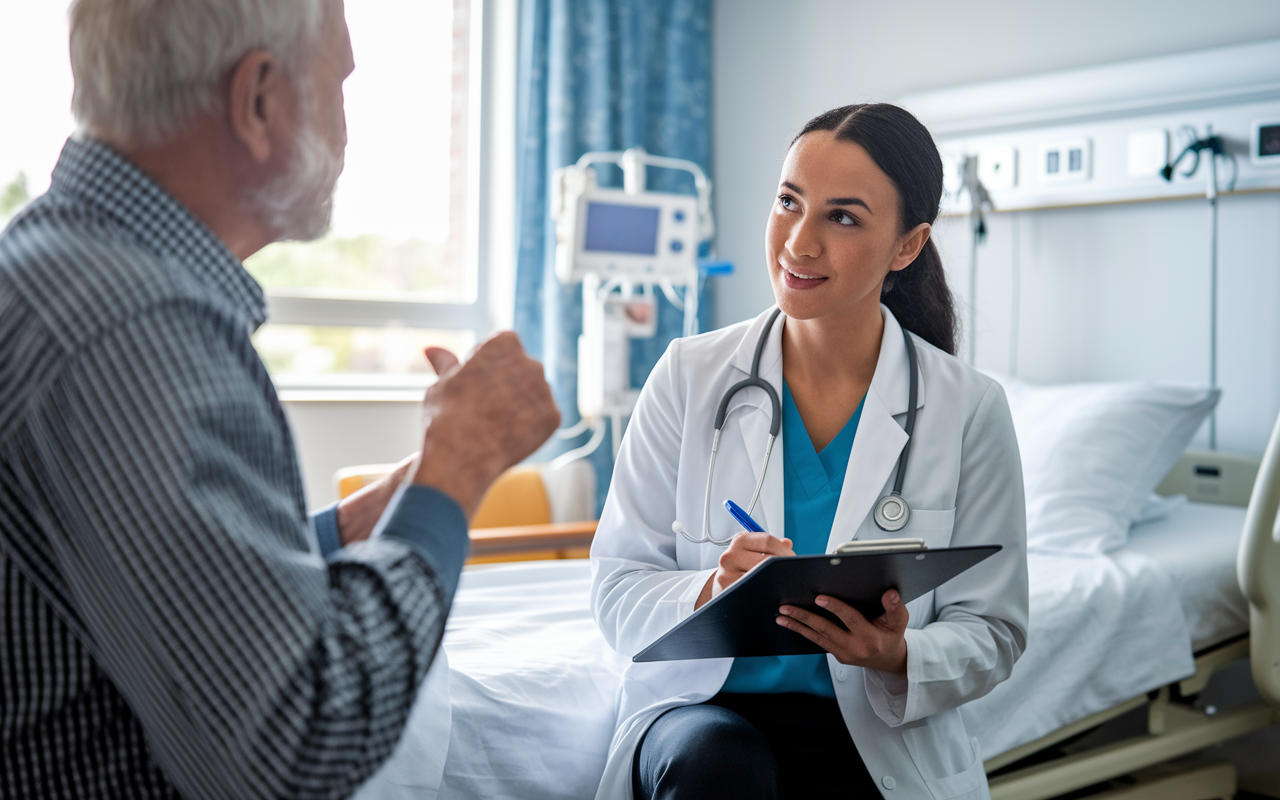 A medical student in a clean, bright hospital room attentively listens to an elderly patient explaining their symptoms during an internal medicine rotation. The student takes notes on a clipboard, displaying a look of compassion and focus. The room is furnished with modern medical equipment, and a window lets light in, creating an atmosphere of care and trust.