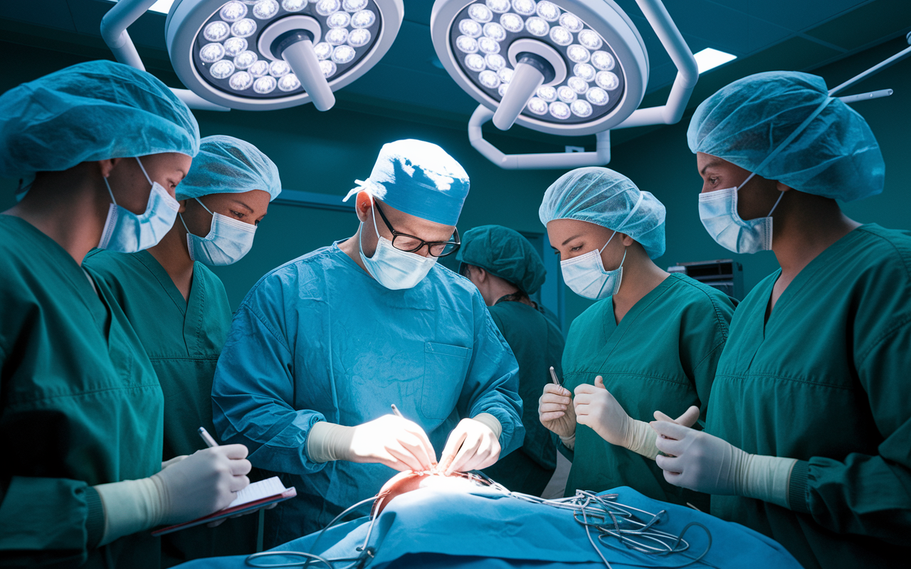 An intense scene inside a surgical operating room with focused surgeons and medical students observing a live surgery. The lead surgeon in surgical scrubs is skillfully performing a procedure, while students, in awe, take notes and ask questions. Bright surgical lights overhead illuminate the action, emphasizing the high-pressure environment and the dedication of medical professionals.