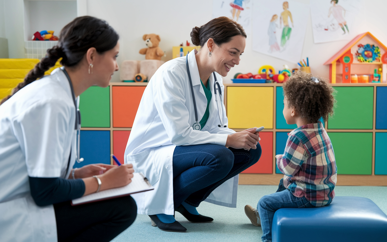 A cheerful pediatrician kneeling beside a young patient in a colorful clinic room filled with toys and drawings. The medical student observes, taking notes as the pediatrician communicates with the child in a gentle manner, showcasing the importance of communication in pediatrics. Soft, warm lighting creates a welcoming atmosphere conducive to young patients and their families.