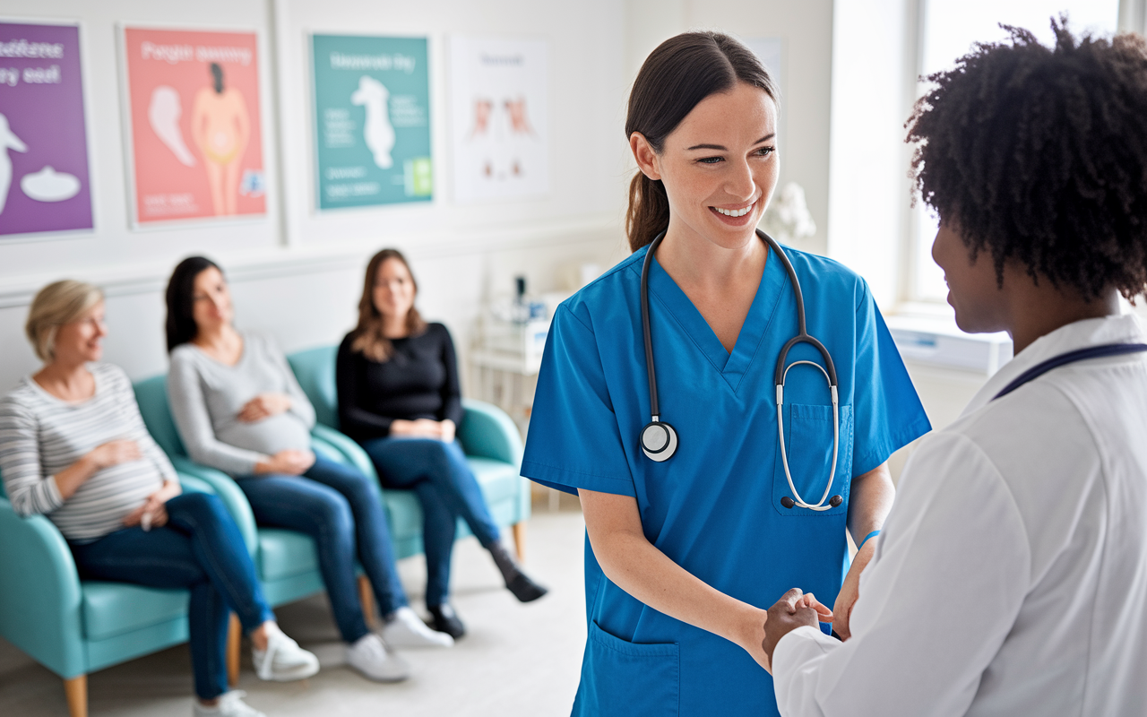 A medical student in scrubs assists an OB/GYN physician during a prenatal checkup, with expectant mothers in the background waiting for their appointments. The room is bright and welcoming, with educational posters about pregnancy and childbirth on the walls. The student is seen engaging with the patients with empathy and professionalism, illustrating the importance of women’s reproductive health.