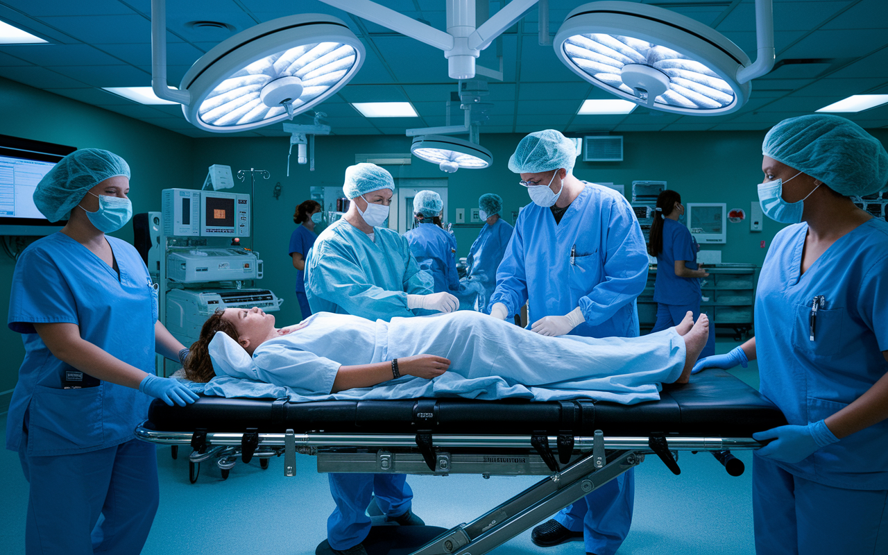 Busy hospital emergency room scene with medical staff attending to a patient on a stretcher. A medical student is seen assisting a doctor in a surgical gown, while other healthcare professionals manage critical care tasks in the background. Bright overhead lights and urgency create a dramatic atmosphere, depicting the fast-paced world of emergency medicine.