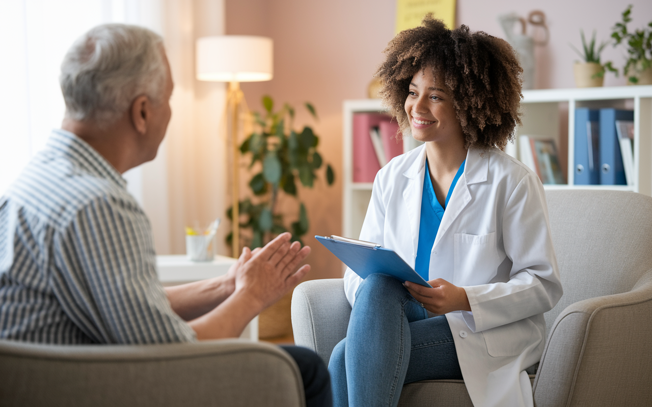 A warm and inviting psychiatrist’s office where a medical student is seen actively listening to a patient sharing their thoughts. The room is adorned with soft colors and comfortable furniture, creating a safe space. The interaction highlights the importance of empathy and understanding in mental health care, showcasing the crucial skills developed during a psychiatry rotation.