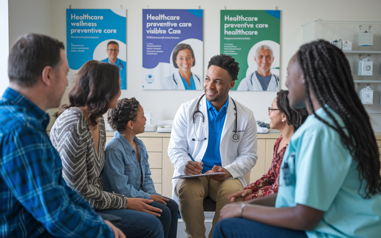 A family medicine clinic bustling with activity, showcasing a medical student engaging with a multi-generational family during a checkup. The atmosphere is relaxed and supportive, with healthcare posters promoting wellness and preventive care visible in the background. The student is actively listening and compiling notes, emphasizing the holistic approach to healthcare.