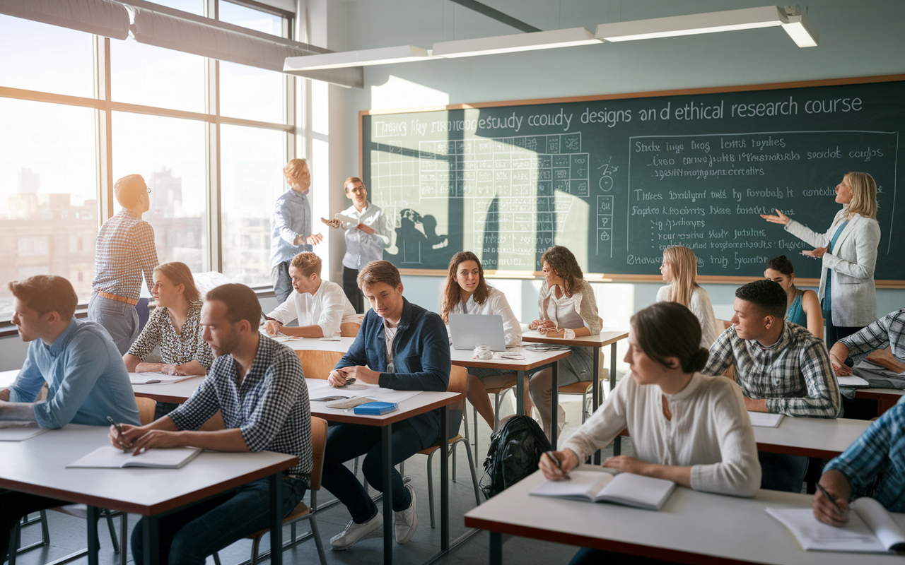 A dynamic classroom scene where students learn about research methods and ethics in a medical research course. The room is filled with students of varied backgrounds, some passionately debating while others are taking notes. A large chalkboard displays complex study designs and ethical guidelines. The atmosphere is one of engagement and education, illuminated by soft natural light streaming through large windows.