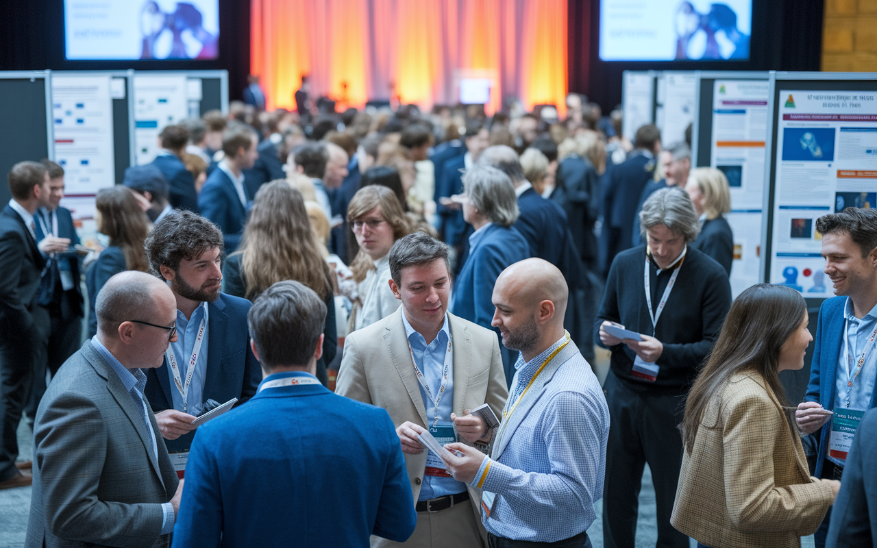 A vibrant scene from a medical research conference bustling with attendees networking and sharing ideas. Researchers of varying ages and backgrounds engage in discussions, holding notebooks and business cards. Posters showcasing recent findings populate the venue, and an inviting stage is set for presentations. The lighting is warm, creating an atmosphere of collaboration and excitement for new knowledge, with a sense of opportunity reflected in everyone's expressions.