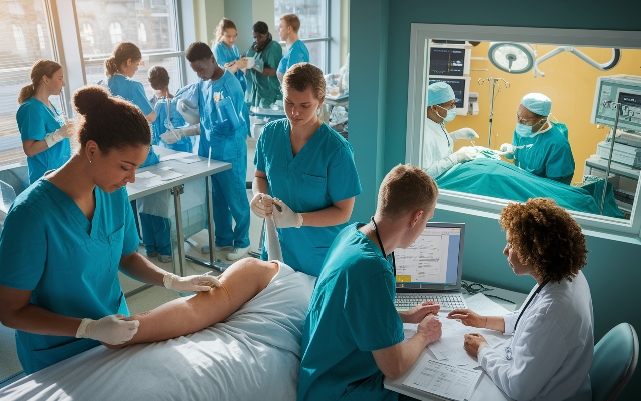 An intense scene in a hospital where medical students are performing as sub-interns. One student is carefully wrapping up a bandage on a patient’s arm, another is reviewing lab results with a supervising physician, and in the corner, a third is observing a surgeon in an operating room through a glass window. The environment is bustling with energy, clinical focus, and teamwork. Everyone wears scrubs, and there are medical charts, equipment, and computers showing hospital activity. Natural light streams in from the windows, creating a warm and encouraging atmosphere.