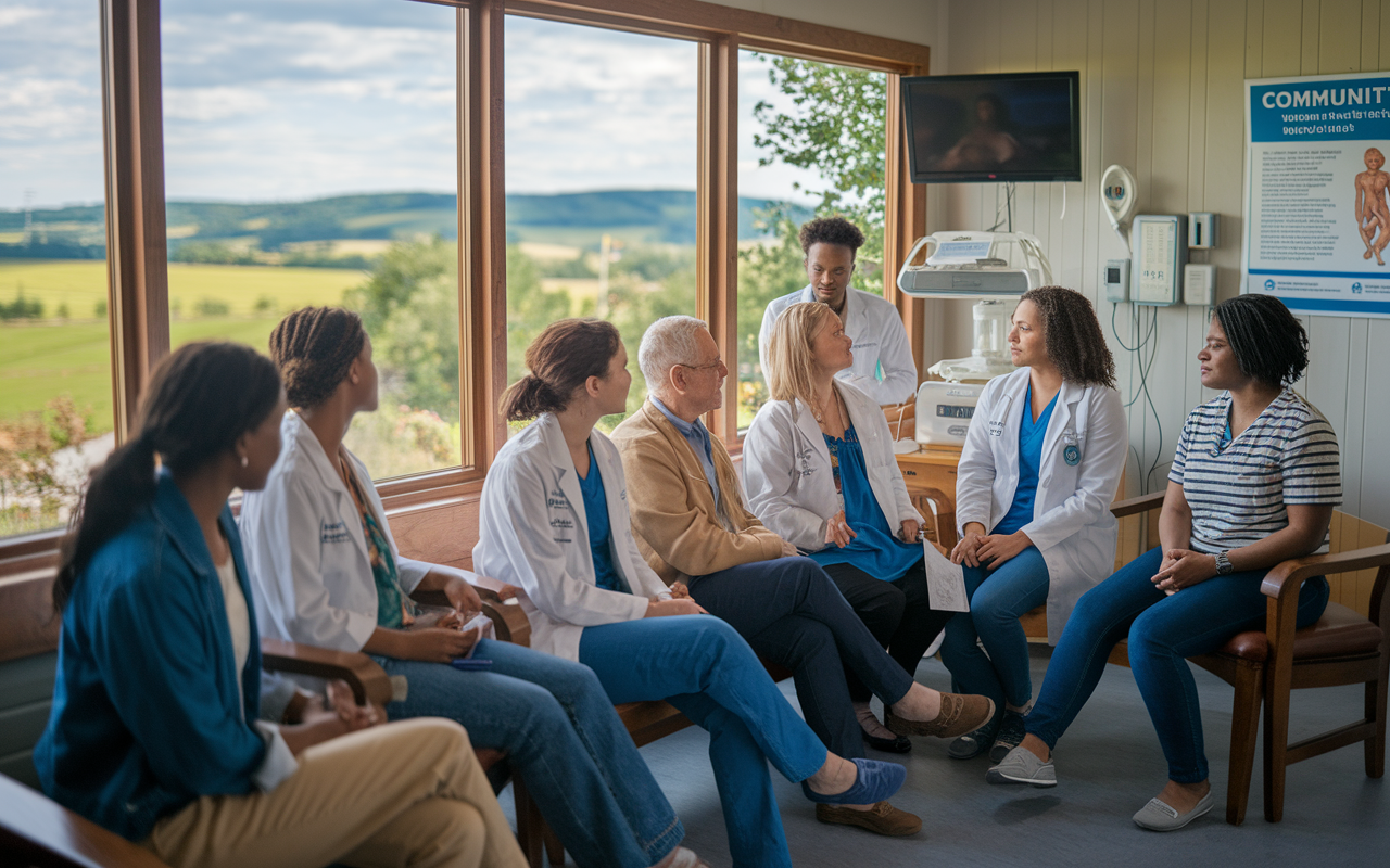 A serene rural clinic environment where medical students are engaging with local patients. The scene features diverse individuals in a cozy waiting room, with students attentively listening to an elderly patient. Outside the window, picturesque countryside can be seen with green fields and distant hills. Medical equipment and a community health poster are visible, promoting health awareness. The lighting is warm and inviting, embodying the essence of primary care in rural medicine.