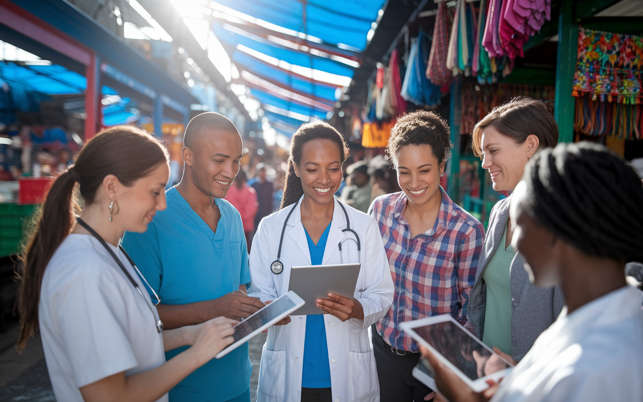 A group of medical students engaged in a global health project, surrounded by a vibrant local community. They are collaborating with grassroots organizations, conducting health checks in a colorful market. Students are interacting with locals, documenting health data on tablets, and sharing smiles. The rich cultural backdrop features colorful stalls and lively interactions, dyed with various textures and vibrancy of local life. Sunlight pierces through the bustling market canopy, creating an energetic and hopeful ambiance.