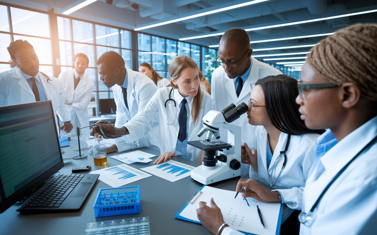 A dynamic research lab setting where medical students are involved in an ongoing research project, collaborating with faculty. One student is peering into a microscope, while others are discussing study results, surrounded by charts, data on screens, and lab equipment. Natural light filters through large windows, bringing energy to the detailed work being done. The scene conveys a sense of innovation and dedication to advancing medicine through research.