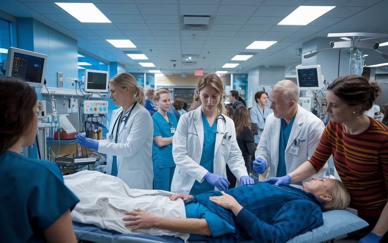 An action-packed scene in a busy urban emergency department where medical students are responding to critical cases. Students are actively involved in patient assessments and treatments under the supervision of seasoned doctors, with a backdrop of urgent medical activities, monitors beeping, and bustling healthcare staff. The lighting is bright and clinical, capturing the urgency of emergency medicine with a diverse range of patients and high-energy atmosphere.