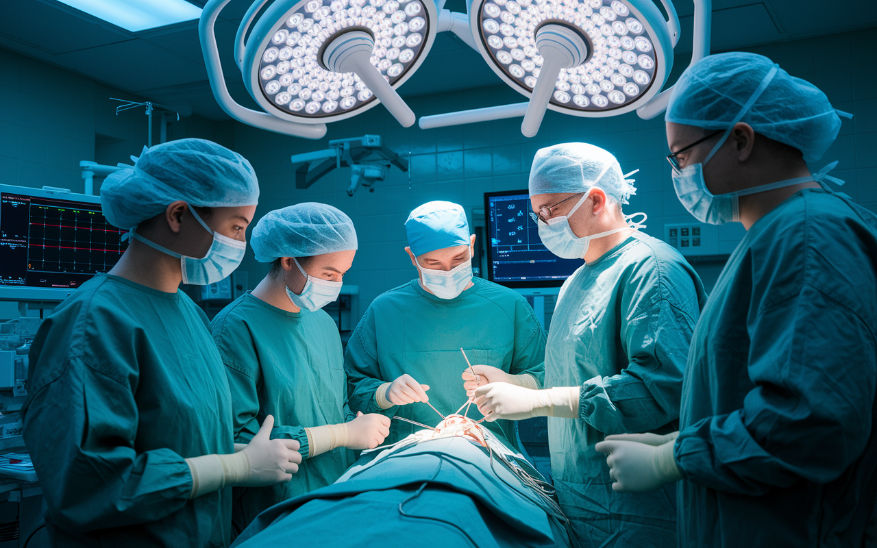 A high-energy surgical room where medical students are actively participating in a surgical sub-internship. Students are observing a surgery with focused expressions, while a lead surgeon guides them through the procedure. Surgical instruments glint under bright lights, and monitors track the patient’s vitals. The atmosphere is filled with professionalism and teamwork, showcasing the intensity and learning opportunities of surgical environments.