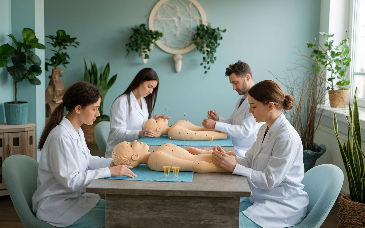 A serene integrative medicine clinic atmosphere where medical students are learning about holistic patient care. The environment features soothing colors, plants, and various treatment modalities being demonstrated. Students are practicing acupuncture techniques on practice dummies while learning from experienced practitioners about nutritional therapy and herbal medicine. Natural, soft lighting enhances the calming ambiance, focusing on patient-centered care.