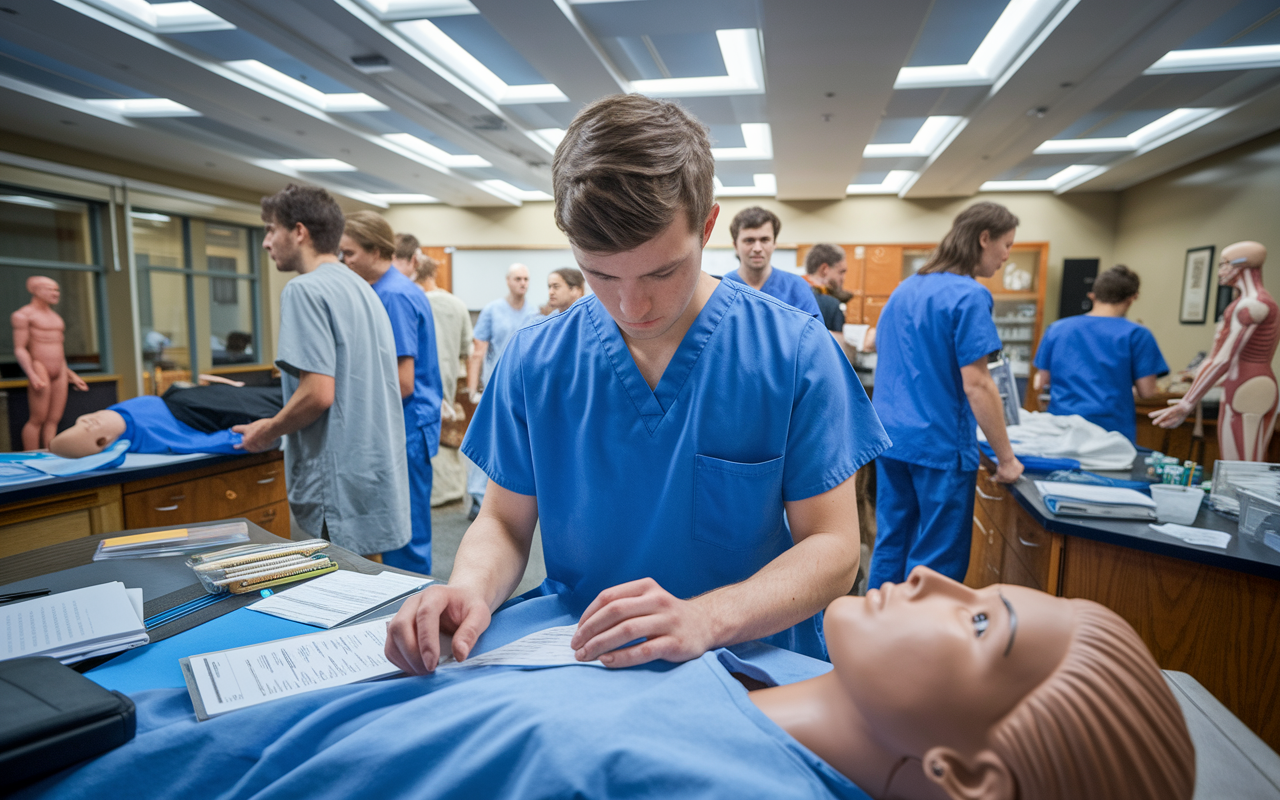 A focused medical student in scrubs practicing clinical skills on a simulation mannequin in a well-lit skills lab. The room is filled with medical equipment, charts, and anatomy models. The student is intently examining the patient mannequin's vitals, surrounded by peers discussing techniques. The atmosphere conveys a sense of seriousness and learning, with reflections of bright overhead lights adding to the realistic training environment.