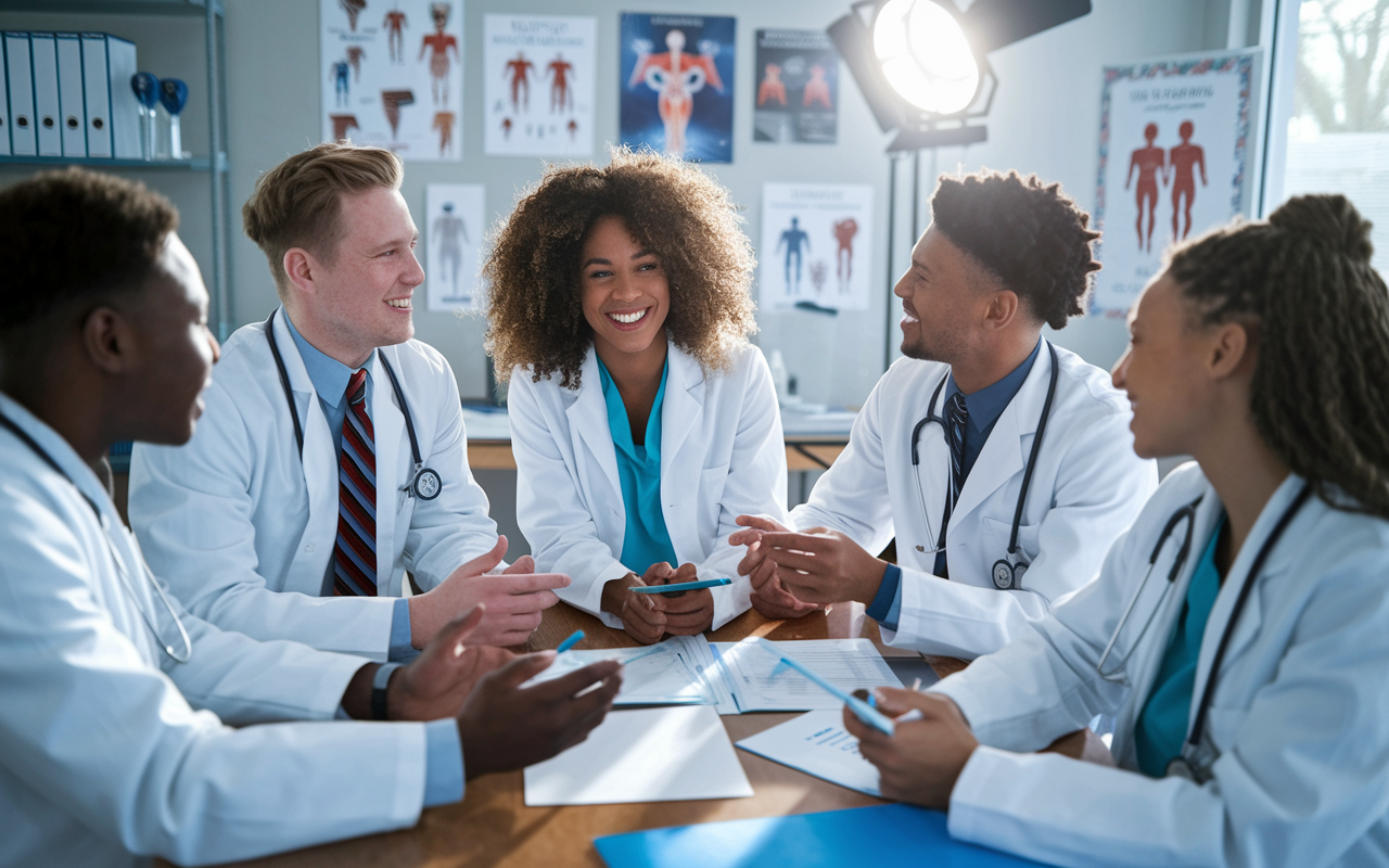 A group of enthusiastic medical students engaged in a collaborative meeting, discussing their ambitions and experiences from clerkships. The room is filled with medical tools, posters of various specialties, and bright lighting that enhances their enthusiastic expressions. The students are sharing ideas and forging connections, showcasing the importance of teamwork and networking in their medical careers.