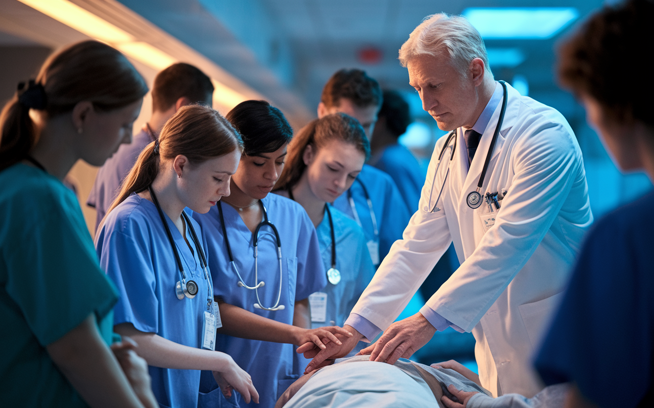 A dynamic clinical setting where a group of medical students, under the supervision of an attending physician, are conducting patient examinations during a busy shift. The physician, in a white coat, is guiding students on patient care. The scene is filled with the sounds of monitors beeping and soft conversations. The lighting is warm but focused, enhancing the sense of mentorship and active learning.