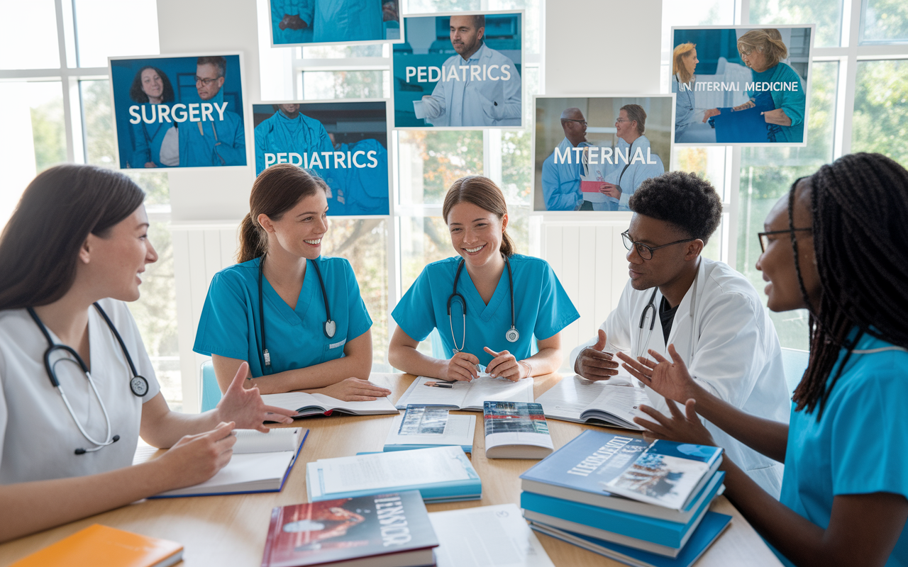 A bright, engaging medical classroom where students are discussing different specialties over a table filled with medical books and specialty brochures. The room is decorated with images of various medical fields like surgery, pediatrics, and internal medicine, creating a sense of exploration and discovery. The students exhibit expressions of curiosity and excitement as they share their interests, with natural light filtering through the windows.