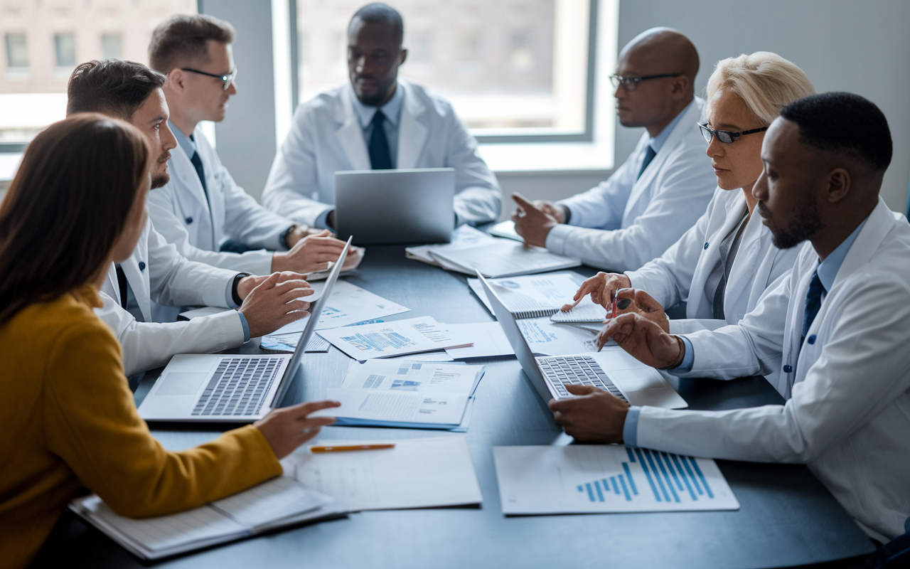 A group of residency program directors seated around a conference table, reviewing applications on laptops while engaging in discussion. The conference room is well-lit, with notes, charts, and candidate photos displayed. Expressions of concentration and seriousness highlight the significance of the evaluations being made, emphasizing the importance of clerkships in the decision-making process.