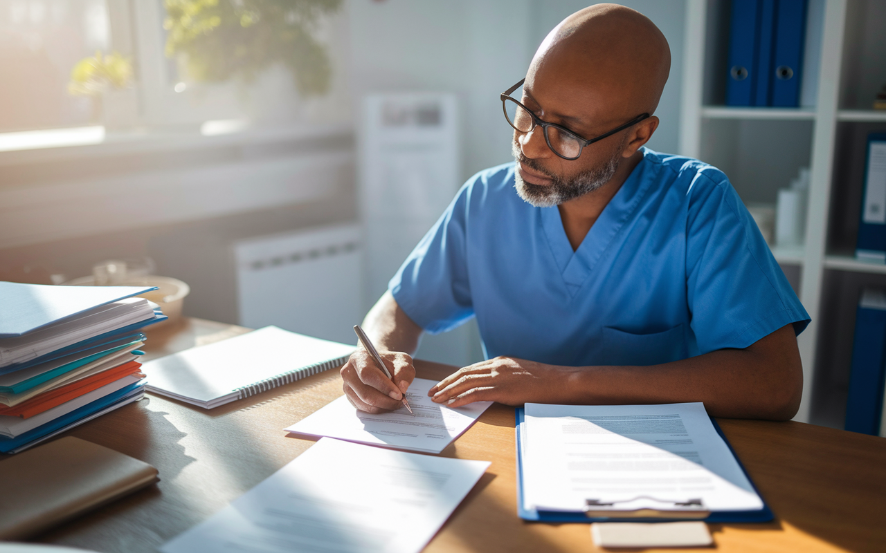 An experienced supervising physician in scrubs thoughtfully writing a letter of recommendation at a desk filled with medical charts and patient files. Sunlight filters into the office, illuminating the scene as the physician reflects on a clerk student’s performance. The atmosphere is professional yet warm, emphasizing the personal connection and commitment to guiding future physicians.