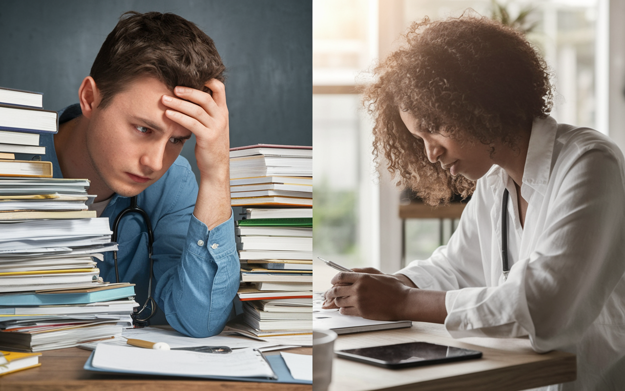 A visual comparison split in two: on one side, a medical student overwhelmed with multiple clerkship rotations at once, looking stressed amidst stacks of notes; on the other side, the same student deeply immersed in a single, enriching rotation, collaborating closely with a mentor and engaging with patients. The atmosphere of the second scene conveys a sense of fulfillment and mastery, highlighting the importance of depth over breadth.