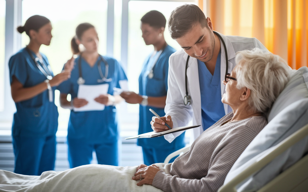 A warm moment inside a hospital room where a medical student is gently speaking with an elderly patient, listening attentively and taking notes. A healthcare team, including nurses and attending doctors, is in the background, discussing the patient’s care. The room is lit with soft, natural light, creating an inviting atmosphere that represents compassion and patient-centered care.