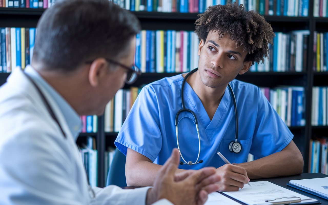 A close-up scene of a medical student meeting with a supervising physician in an office, receiving detailed and constructive feedback about their recent clerkship performance. The student listens intently, taking notes while the physician discusses strengths and areas for improvement. The office is filled with books and medical charts, creating an atmosphere of serious mentorship and professional development.