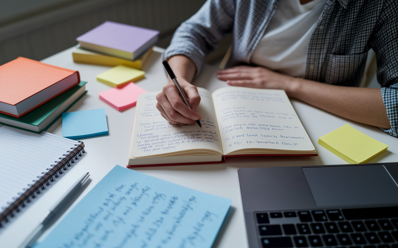 A student sitting at a desk in a study area, meticulously documenting their clerkship experiences in a journal filled with notes from various rotations. Around them are colorful sticky notes, medical books, and a laptop open to a personal statement draft. The lighting is cozy, creating a reflective atmosphere, emphasizing the importance of documentation in their medical journey.