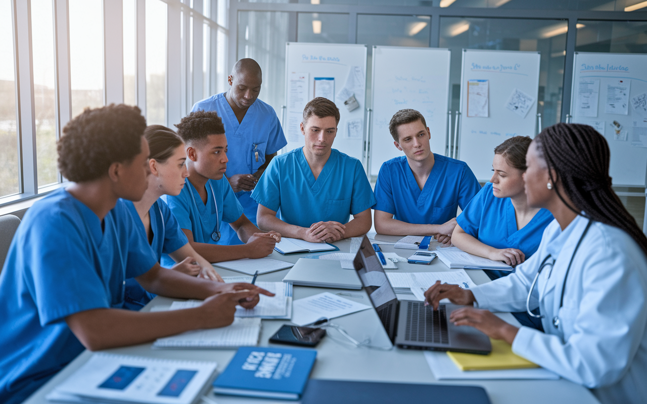 A group of diverse medical students, dressed in scrubs, collaboratively discussing a patient's case in a well-lit hospital conference room filled with medical charts and laptops. Each student exhibits concentrated facial expressions, engaged in brainstorming and decision-making with a mentor physician observing. The atmosphere is collaborative, with large windows letting in natural light, emphasizing a supportive learning environment. Realistic details include medical textbooks, whiteboards with notes, and medical tools prominently displayed.