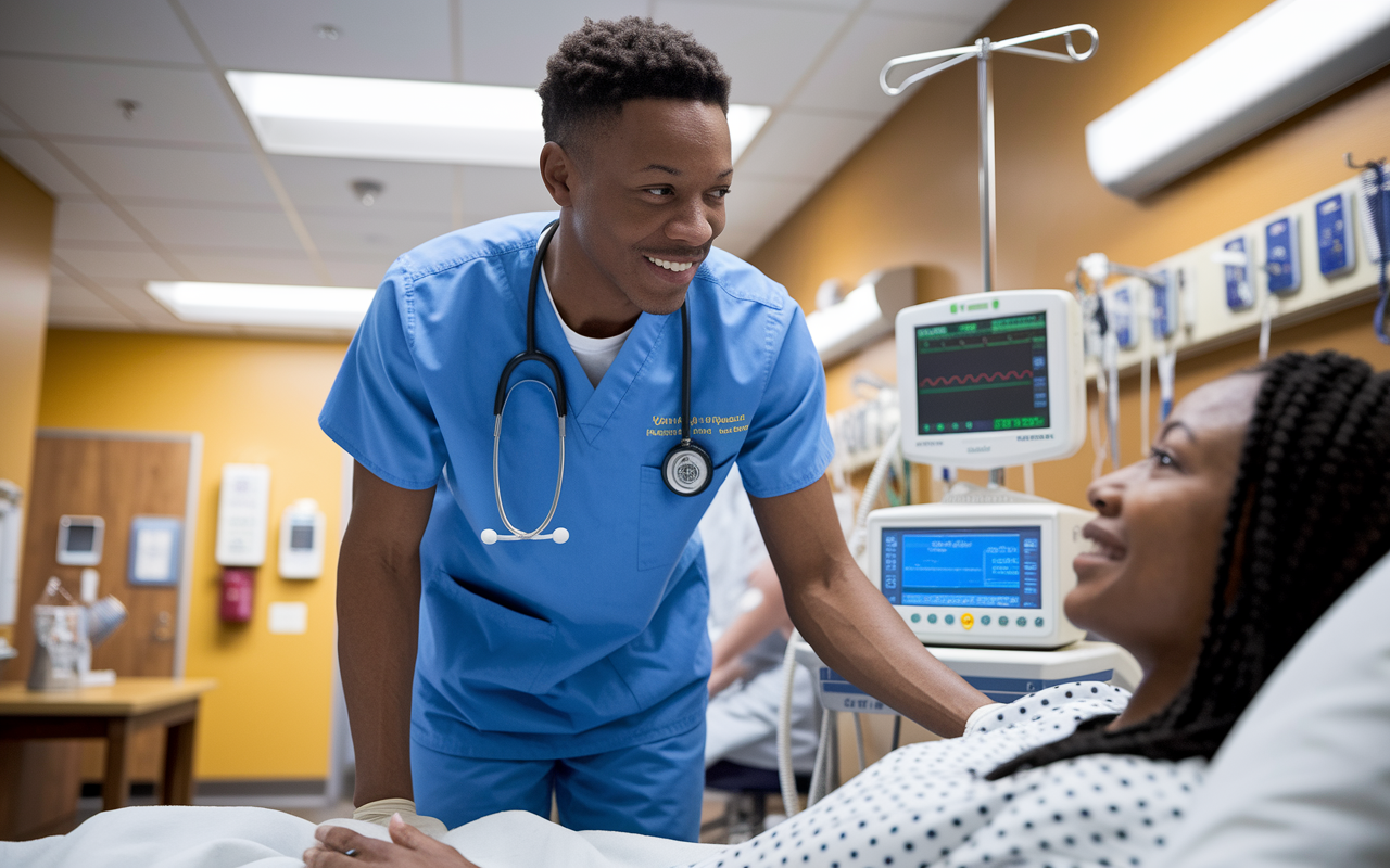 A determined medical student in scrubs, attentively checking a patient's vitals with a digital monitor in a well-equipped hospital room. The student leans forward, exuding enthusiasm and warmth while interacting with the patient, who appears relaxed and engaged. The room is brightly lit, showcasing medical equipment, charts, and an inviting environment that emphasizes patient-centered care. The student's focused expression conveys dedication and professionalism, set against the backdrop of a supportive healthcare team.