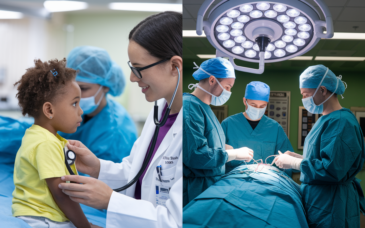 A visually divided image showing a medical student engaged in different elective clerkships. On one side, the student is in a Pediatric Cardiology setting, examining a child with a stethoscope, while on the other side, they are in a busy Operating Room during a general surgery elective, observing a surgeon at work. The atmosphere shows diverse medical environments, with enthusiastic teamwork and focused attention on patient care.