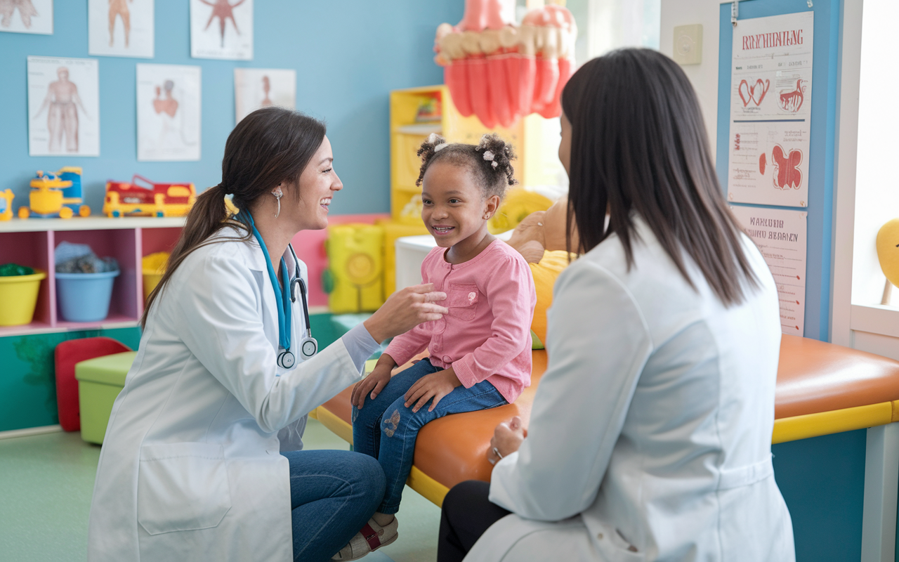 A medical student is actively participating in a Pediatric Cardiology elective, engaging with a pediatric patient who is smiling. The setting is bright and cheerful, with colorful decor, toys, and medical charts on the walls. The student is kneeling down to talk to the child, demonstrating compassion and professionalism, while a supervising physician observes, showcasing a hands-on and supportive learning atmosphere.