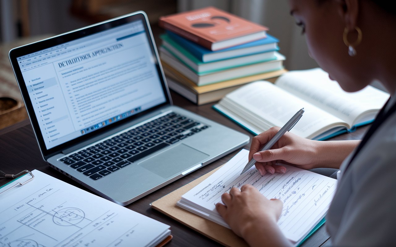 A close-up scene of a medical student reflecting on her residency application in a cozy study room, with a laptop open showing a detailed resume. Surrounding her are various books and notes about Dermatology, highlighting her commitment with close-up shots of her handwritten notes and diagrams. The lighting is warm and inviting, symbolizing her passion for the specialty.