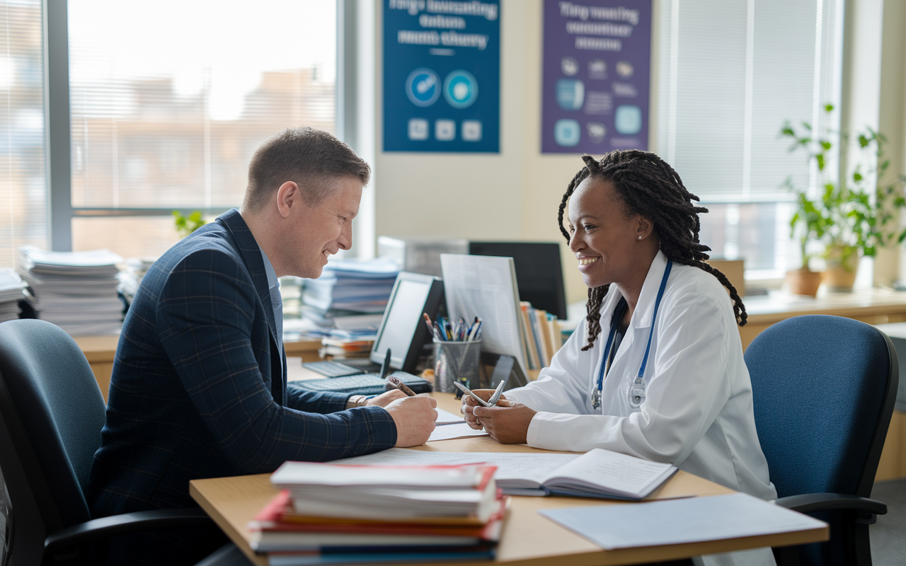 A heartfelt moment captured between a medical student and a mentor in a university office, where the mentor is writing a letter of recommendation. They sit across from each other at a desk cluttered with medical books and research papers, while the student listens attentively, conveying appreciation. The office is well-lit, with educational posters on the walls, emphasizing a nurturing academic environment.