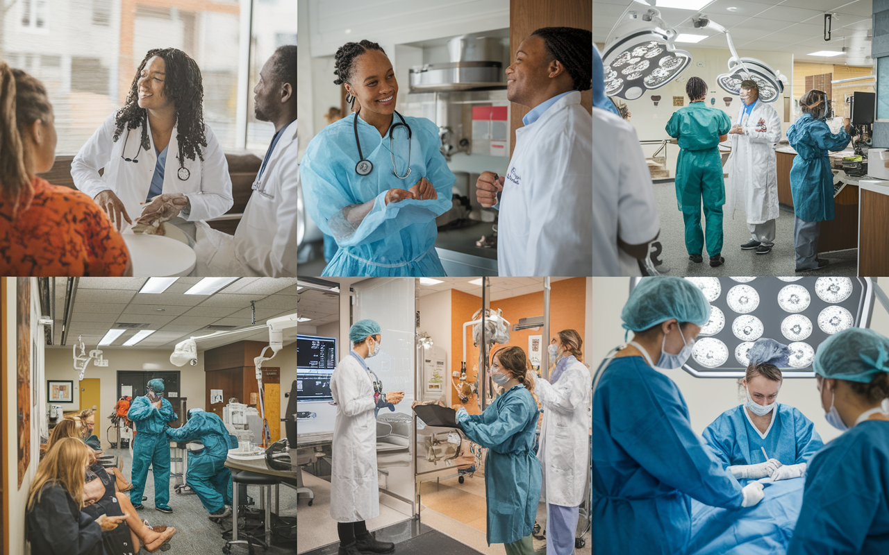 A vibrant collage showcasing a medical student in various elective rotations—one image shows them in the calm atmosphere of Family Medicine interacting with a family, another in the bustling environment of an Emergency Department, and a third in a surgical suite, all blended together artistically to portray the dynamic experience of exploring diverse medical fields.