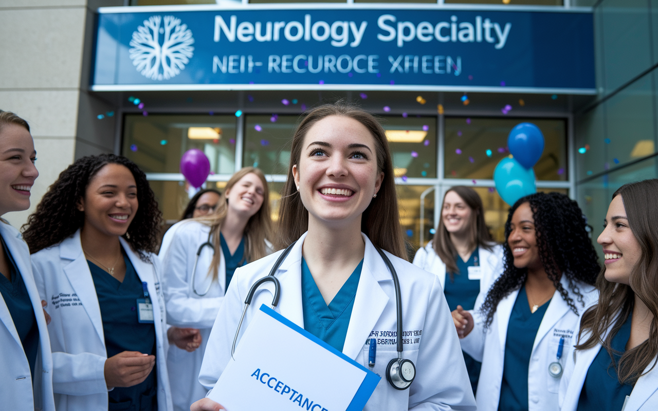 Emily, a determined medical student in a white coat, smiles brightly in front of her neurology specialty sign at a hospital, holding her acceptance letter. Surrounding her are fellow classmates celebrating with her, creating an atmosphere of joy and achievement. The scene captures the excitement of matching to her top choice residency program, with balloons and confetti in the background.