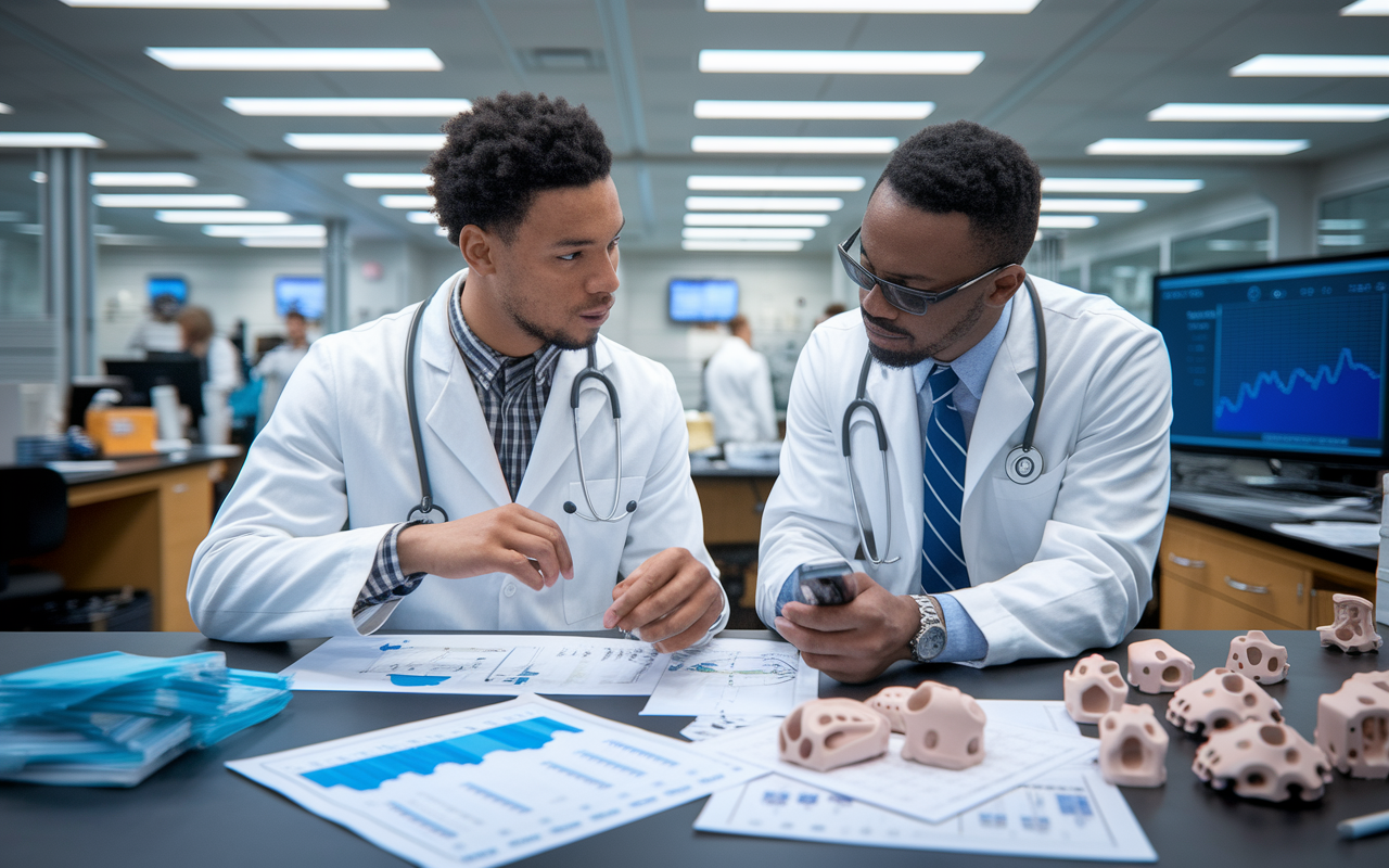 James, an enthusiastic medical student, is actively involved in a reconstructive research project in a sophisticated lab setting alongside a faculty member, surrounded by medical tools and 3D printed models. Focused, he is discussing findings with the mentor, demonstrating collaboration and innovation, with research papers spread across a table and charts displayed on a screen.