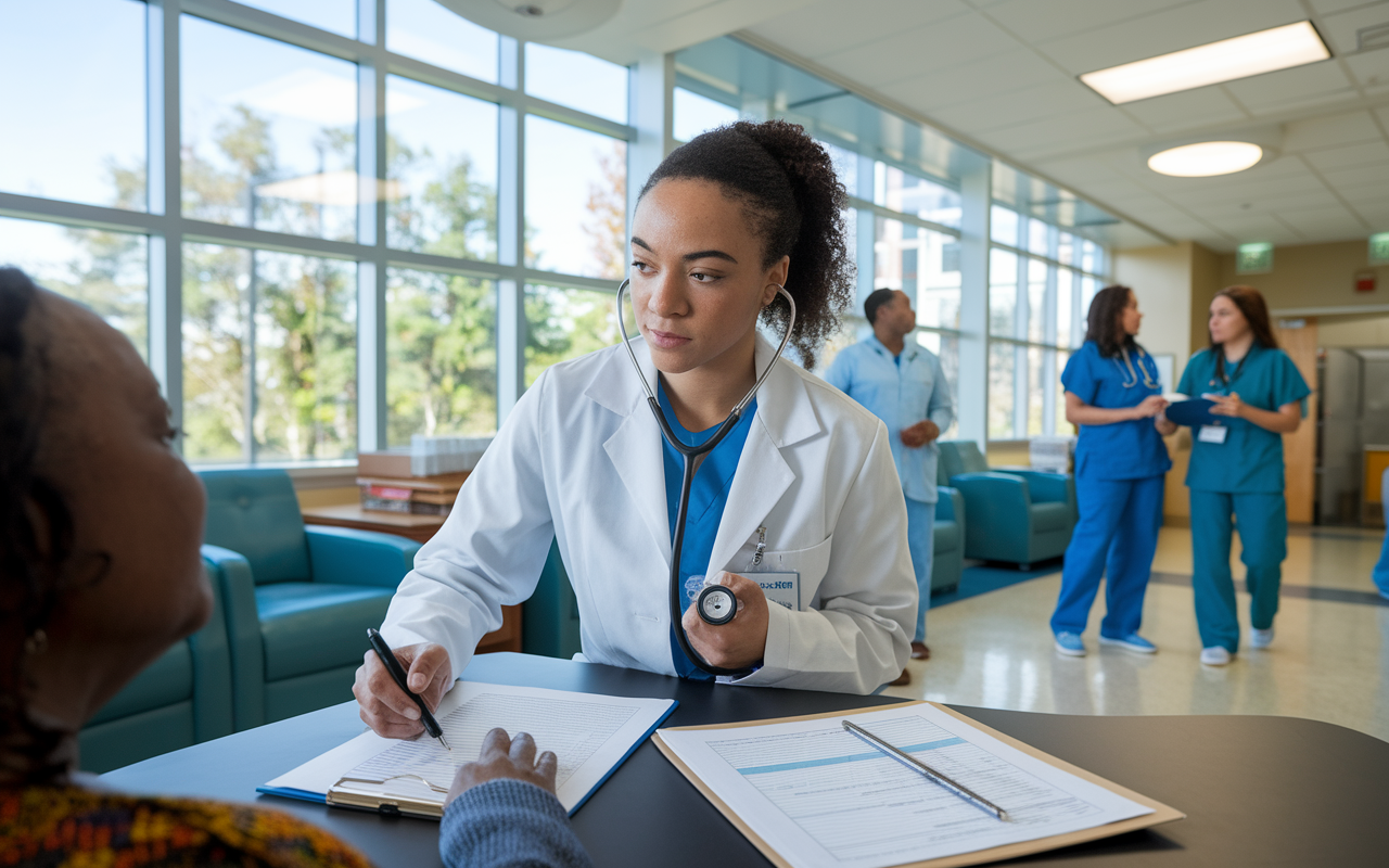 A medical student engaged in the internal medicine unit of a hospital, examining a patient in a well-lit room with medical charts and a stethoscope in hand. The atmosphere is serious yet nurturing, with healthcare professionals discussing cases in the background. Daylight streams in through large windows, reflecting the invigorating environment of patient care and collaborative learning.