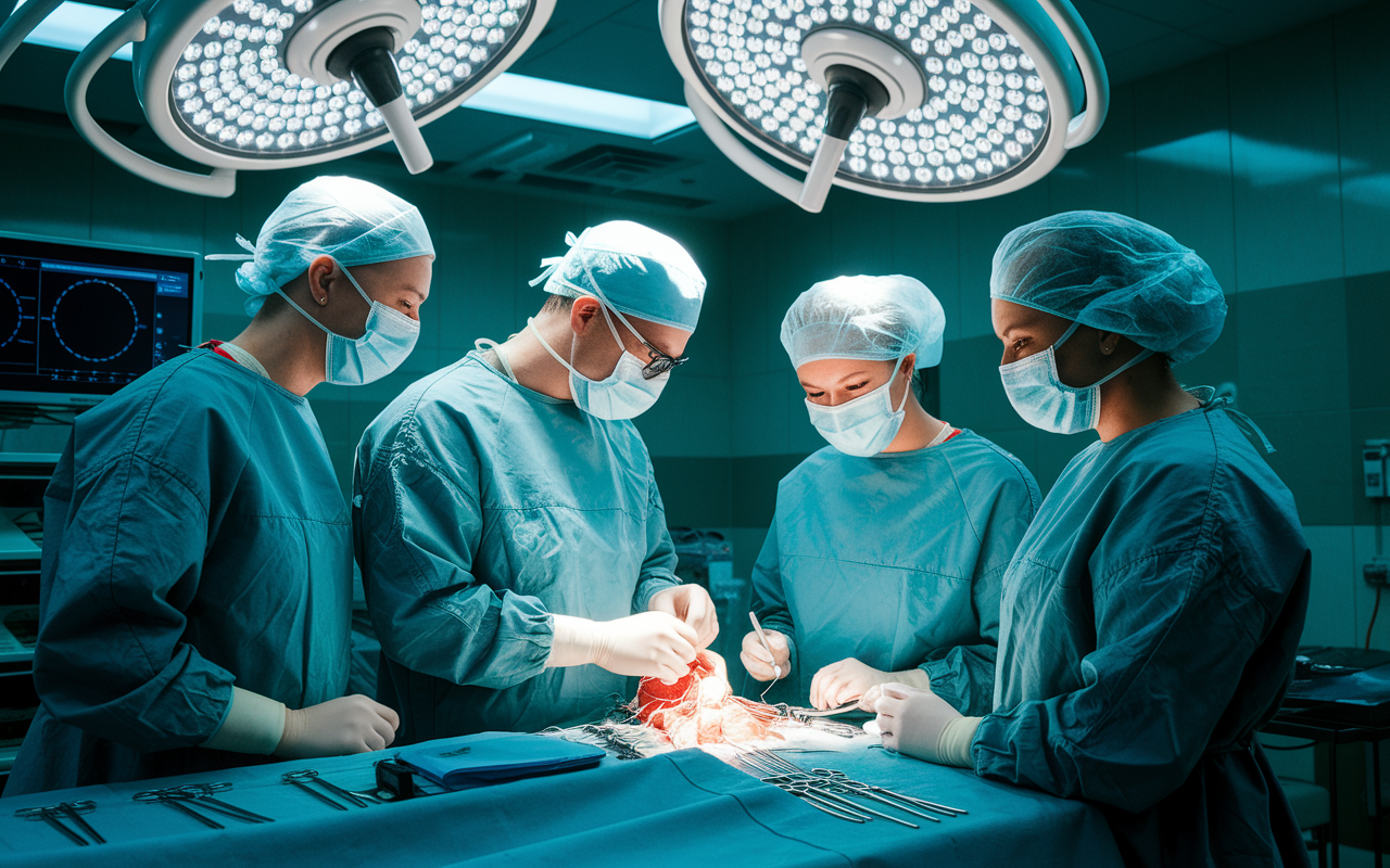 A surgical rotation scene showing a diverse surgical team engaged in a complex operation. Bright surgical lights illuminate the sterile environment; the lead surgeon is performing a delicate maneuver. The student observes attentively, taking notes while standing next to an experienced nurse. The atmosphere is intense yet collaborative, showcasing the gravity and teamwork required in surgical settings.