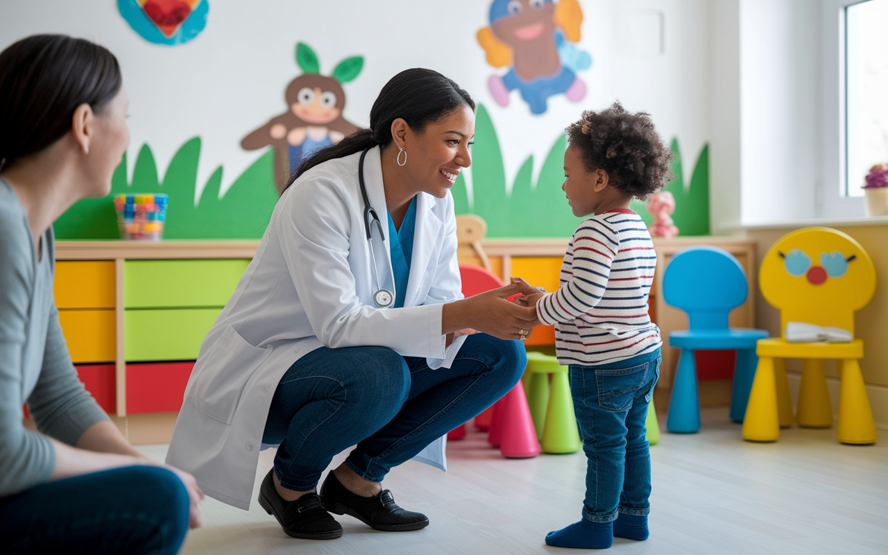 A caring pediatrician crouched down at eye level with a young child in a brightly decorated clinic. Colorful wall art and toys create a cheerful environment, as the doctor smiles and interacts with the child, showing empathy. A parent watches nearby, with a warm, welcoming atmosphere of healthcare focused on young patients and family involvement.