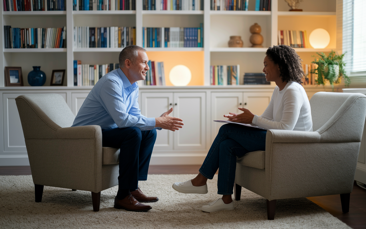 A psychiatrist in a cozy, well-lit office, sitting across from a patient seated comfortably in an armchair, engaged in an open discussion. Bookshelves filled with psychology literature and soft lighting create a warm, safe atmosphere conducive to sharing. The expressions of both the psychiatrist and patient reflect a space of trust and healing.