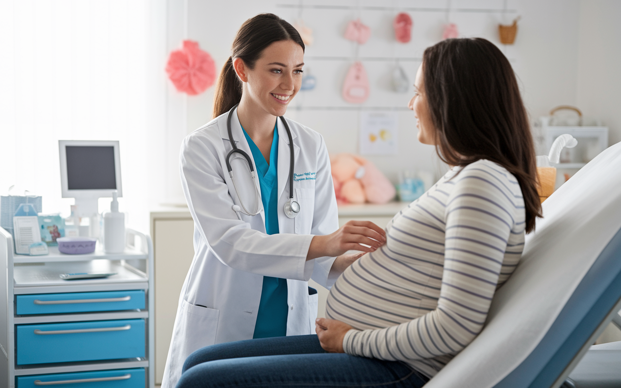 A female medical student assisting in an OB/GYN clinic, interacting with an expectant mother during a prenatal checkup. The room is bright and decorated with baby items, filled with a sense of warmth and anticipation. Medical equipment is subtly positioned, and the student's face reflects compassion and professionalism.