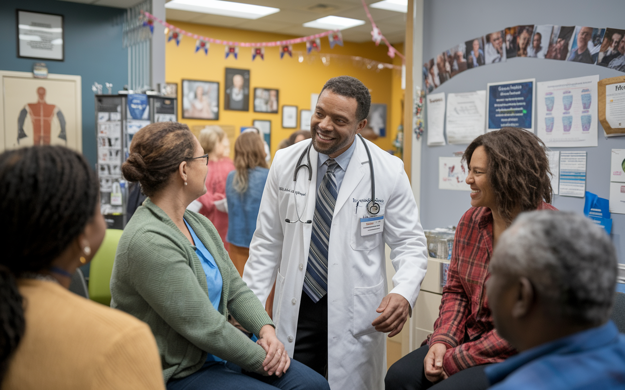 A family physician engaging warmly with a diverse group of patients in a community health center. The environment is bustling yet welcoming, with medical charts, colorful decorations, and family photos that create a homely vibe. The physician is seen listening attentively, demonstrating the core values of patient-centered care.