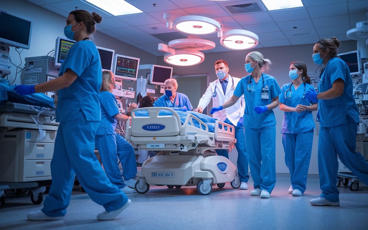 An emergency medicine team in an active hospital ER, responding to a trauma case. Bright emergency lights flicker, and medical staff move efficiently amidst monitors beeping and equipment in use. The lead physician is directing the team, showcasing teamwork under pressure. A palpable sense of urgency and focus fills the room.